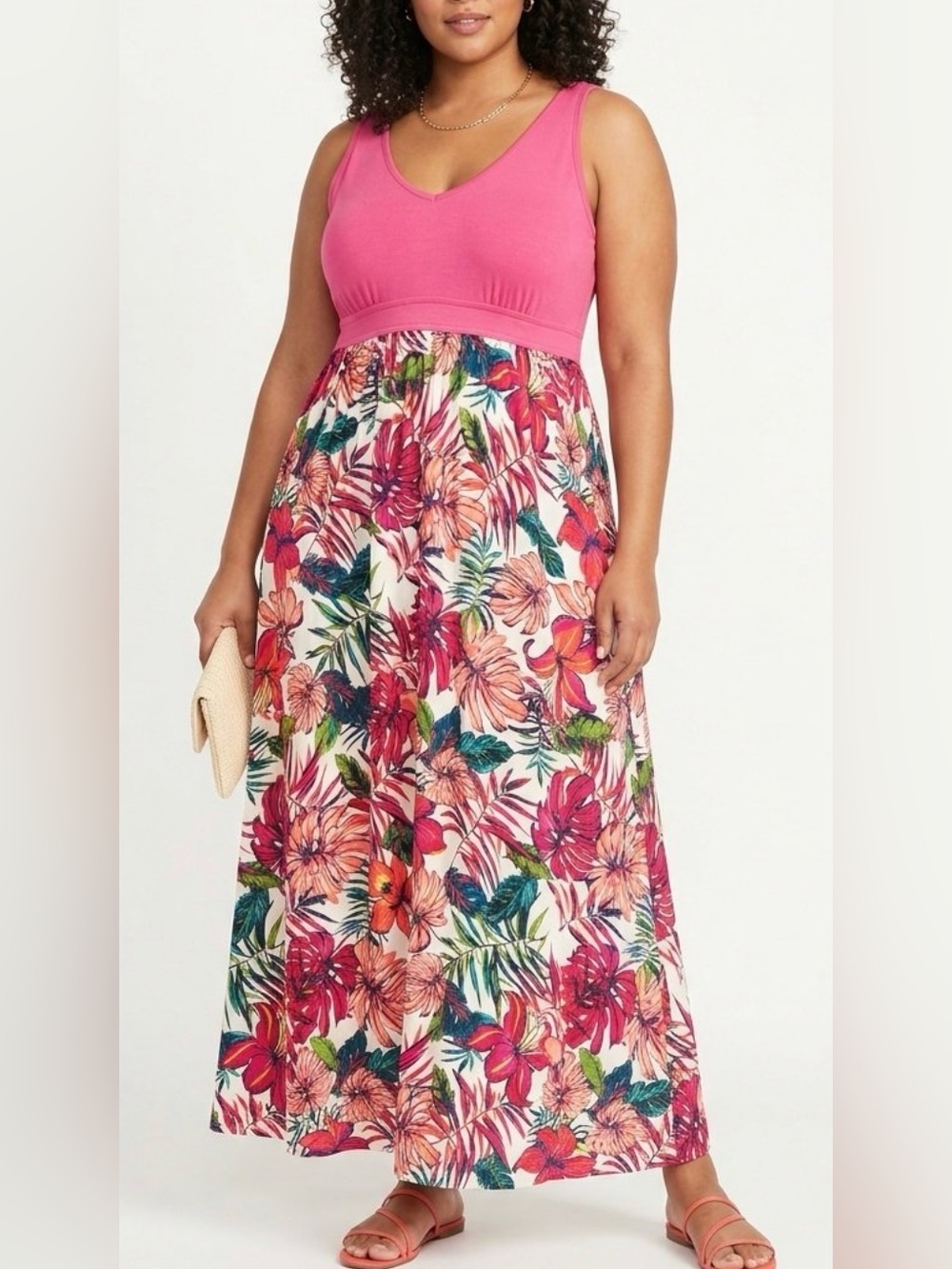 Gilligan & O'Malley Womens XXL Floral Maxi Dress Built In Bra Palm Pink NWOT